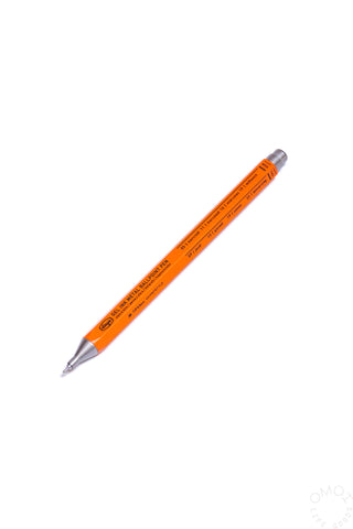 Orange pen with silver details and black text on a white background