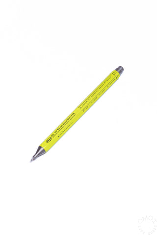 Yellow pen with silver details and black text on a white background