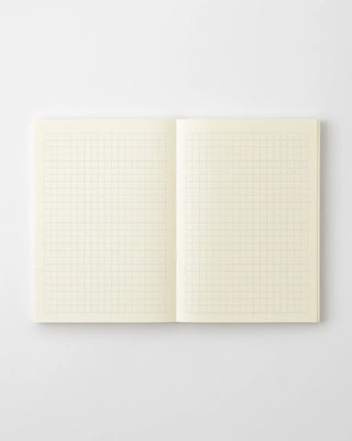 Open MD grid notebook pages, two cream sheets with grid ruling