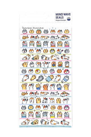 Sheet of cartoon seal stickers with various cat poses and expressions on a white background
