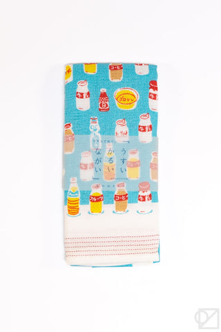 Drinks tenugui with blue and white illustrated drink bottles, red striped hem