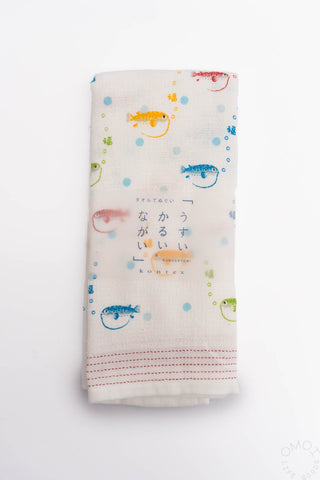 Puffer fish tenugui hand towel, white with colorful fish and red striped hem