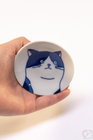 Hand holding a small round ceramic dish with a cat design on a white background