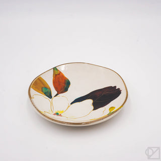 Mini ceramic plate, side angle, white base with gold rim and butterfly blossoms