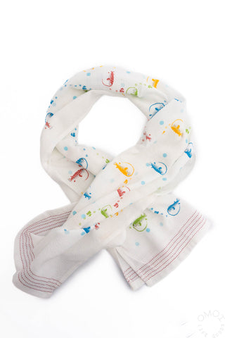 Puffer fish tenugui scarf, white with colorful fish print and red striped corner