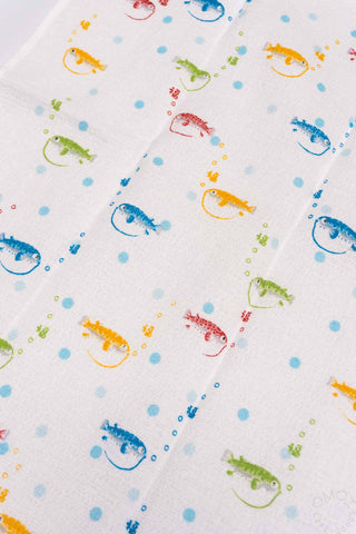 Close-up puffer fish tenugui fabric with colorful fish on light blue dot pattern