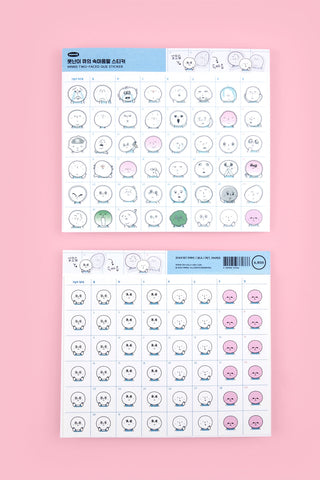 Two sticker sheets of a cartoon with different facial expressions on a pink background
