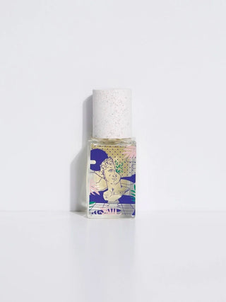 Maison Matine eau de parfum bottle with white speckled cap and blue graphic label
