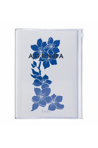 planner with zipper pocket and cover of dark blue flowers on a light background