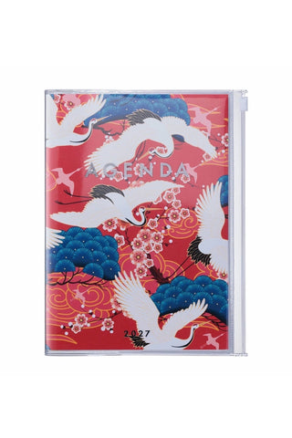 planner with zipper pocket and cover featuring crane birds and flowers on a red background
