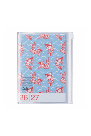planner with cover of red goldfish over a light blue wavy pattern