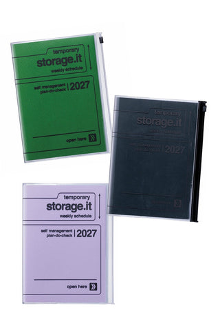 three different planners: black, green, and lavender that reads storage it 2027 with a zipper pocket