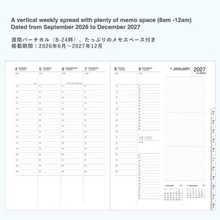 Vertical weekly spread with memo space for 2027