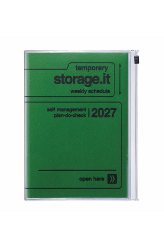 green planner with zipper pocket and reads 'storage.it 2027'