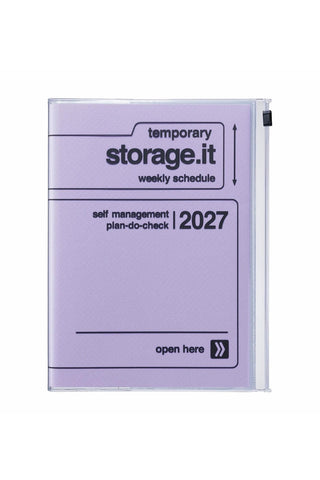 lavender planner with zipper pocket and reads 'storage.it 2027'
