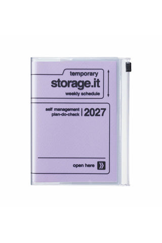 lavender 2027 planner with zipper pocket and reads 'storage.it'