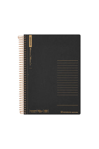Black spiral-bound notebook with gold accents on a white background