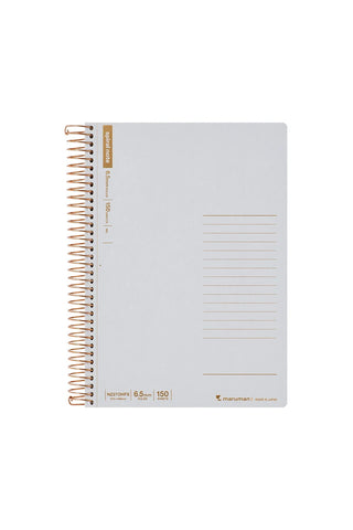 Grey notebook with gold spiral binding on a white background