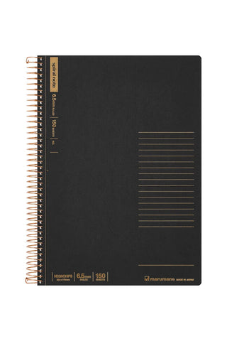 Black spiral-bound notebook with gold accents on a white background