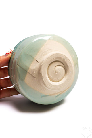 Seafoam ceramic matcha bowl shown from above, with circular base detail