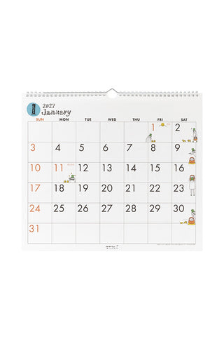 2027 February wall calendar with cartoon illustrations and monthly date grid