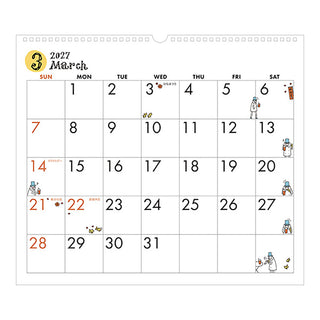 2027 March wall calendar with cartoon characters and a monthly date grid