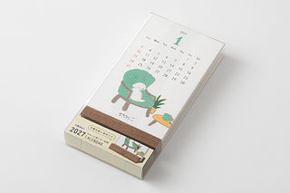 2027 desk calendar stand with angled calendar view and dog illustration cover