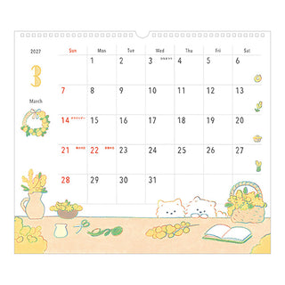 2027 wall calendar with spring-themed dog illustration and monthly date grid