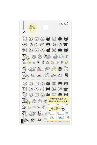 Sheet of stickers with cat-themed designs on a white background