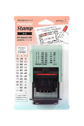 Midori cat date rotary paintable stamp with oil-based ink, 12 designs