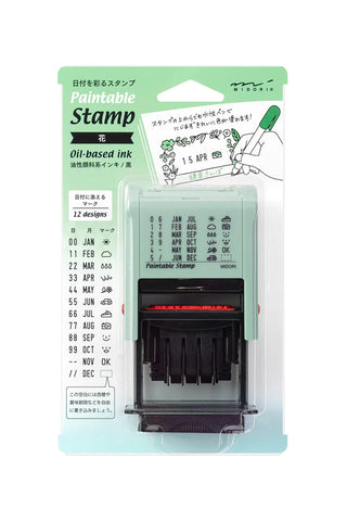 Midori paintable date rotary stamp in blister pack with floral flower design