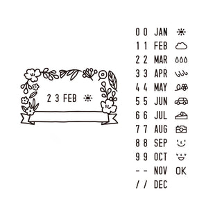 Floral date stamp design plate with month abbreviations and icons for each day