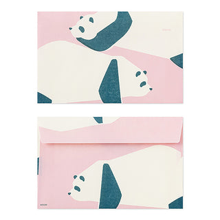 Stationery envelopes with panda designs on a pink background