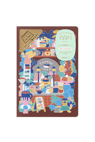 B6 dot grid notebook with brown cover and colorful cafe illustration