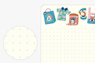 B6 dot grid notebook with pale page; small cafe graphics and dotted pattern inset