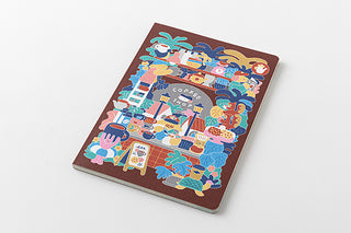 B6 dot grid notebook, brown cover with cafe-themed character illustration
