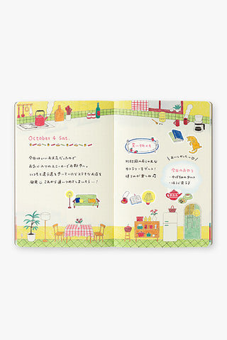 Open notebook with handwritten notes and colorful doodles on illustrated pages