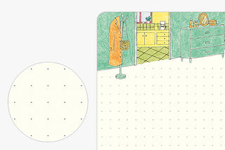 Dot-grid notebook page with room illustration and evenly spaced small dots