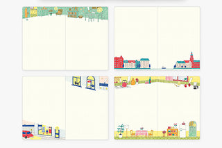 Open notebook with four illustrated panels and large blank writing areas