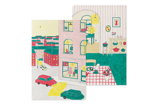 Notebook cover with colorful illustrated home interior and neighborhood scene
