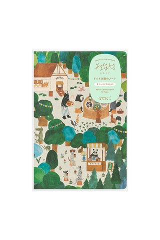 Illustrated notebook cover with a forest scene and animals on a white background