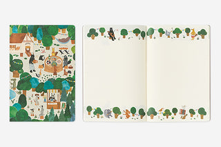 Notebook with cartoon animal illustrations on a white background