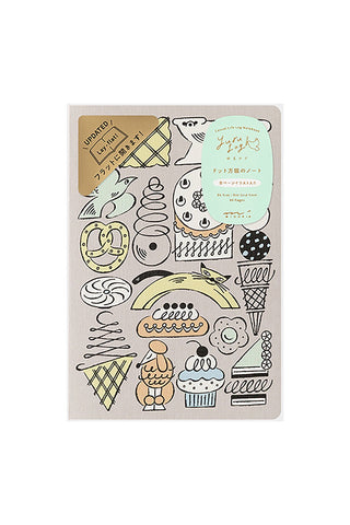 B6 dot grid notebook with beige cover and cute animal and sweets line art