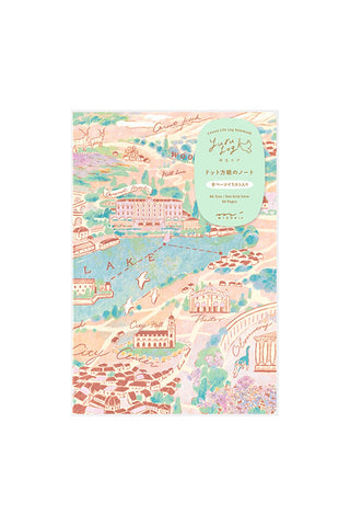 Notebook with a colorful town design on a white background