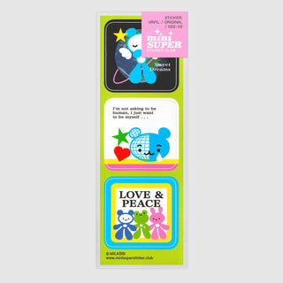 A collection of colorful stickers with various designs, including a blue bear, a red apple with a peace symbol, and two cartoon figures with the text 'LOVE & PEACE'.