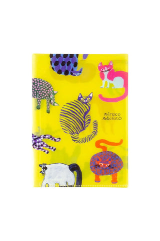 Bright yellow file folder featuring a playful illustration of various cats in different colors and patterns