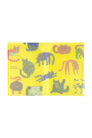 Bright yellow file folder featuring a playful pattern of illustrated cats in various colors and poses