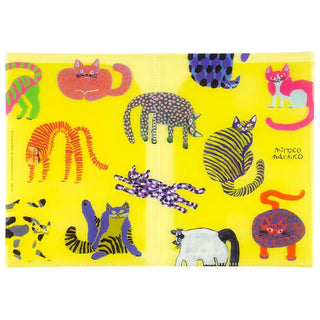 Colorful cat illustrations on a yellow background by artist Miroco Machiko