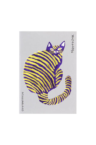 Notebook with a purple and yellow striped cat illustration on a white background