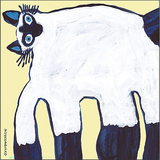 Memo pad page featuring abstract painting of a cat with white fur, blue accents, and black outlines on a yellow background.